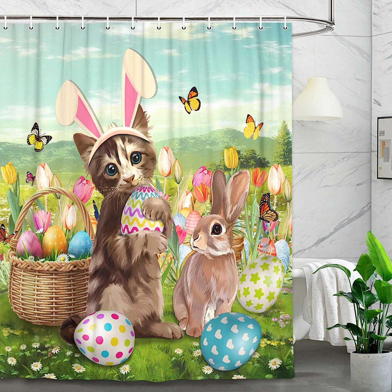 Easter Rabbit with Cat and Floral Vintage Bathroom Shower Curtain for Cute Spring Theme