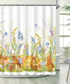 Easter Shower Curtain Bunny Watercolor Floral Rabbit Eggs Bathroom Set