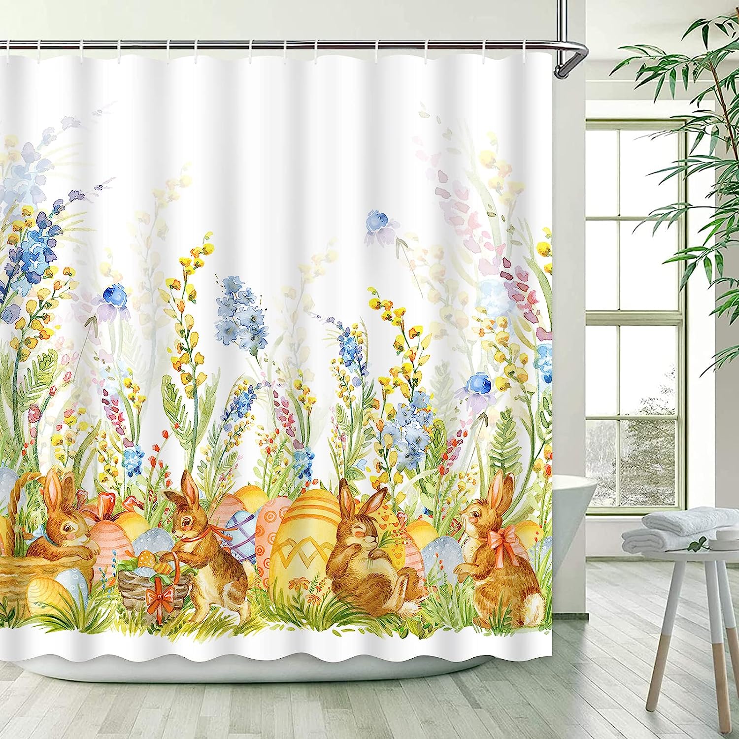 Easter Shower Curtain Bunny Watercolor Floral Rabbit Eggs Bathroom Set