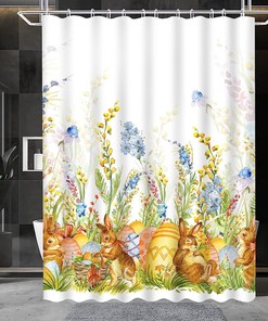 Easter Shower Curtain Bunny Watercolor Floral Rabbit Eggs Bathroom Set