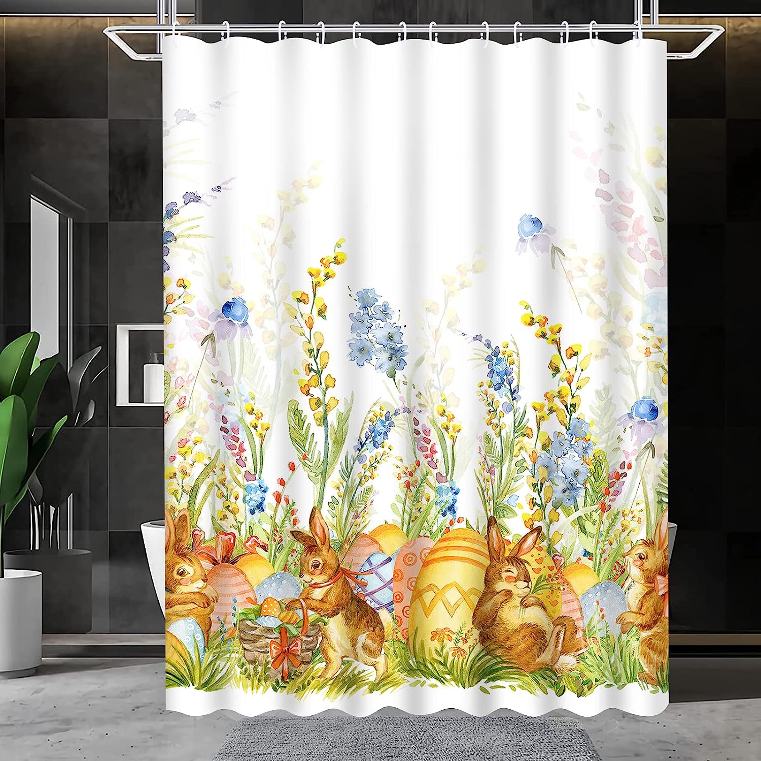 Easter Shower Curtain Bunny Watercolor Floral Rabbit Eggs Bathroom Set