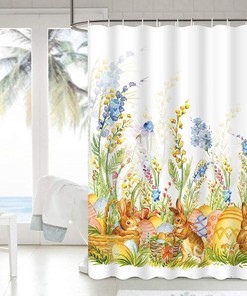 Easter Shower Curtain Bunny Watercolor Floral Rabbit Eggs Bathroom Set
