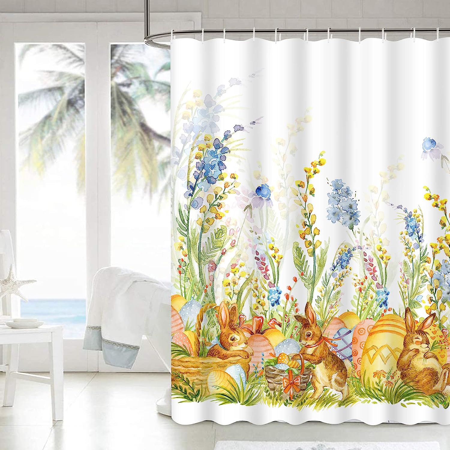 Easter Shower Curtain Bunny Watercolor Floral Rabbit Eggs Bathroom Set
