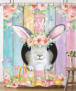 Easter Shower Curtain Farmhouse Wooden Rabbit Pink Floral Holiday Spring Bathroom Set