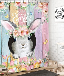 Easter Shower Curtain Farmhouse Wooden Rabbit Pink Floral Holiday Spring Bathroom Set