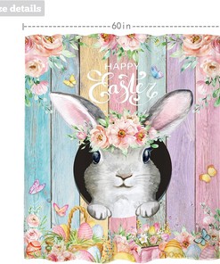 Easter Shower Curtain Farmhouse Wooden Rabbit Pink Floral Holiday Spring Bathroom Set
