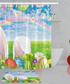 Easter Shower Curtain Set - Rainbow Bathroom Decor With Bunny And Eggs