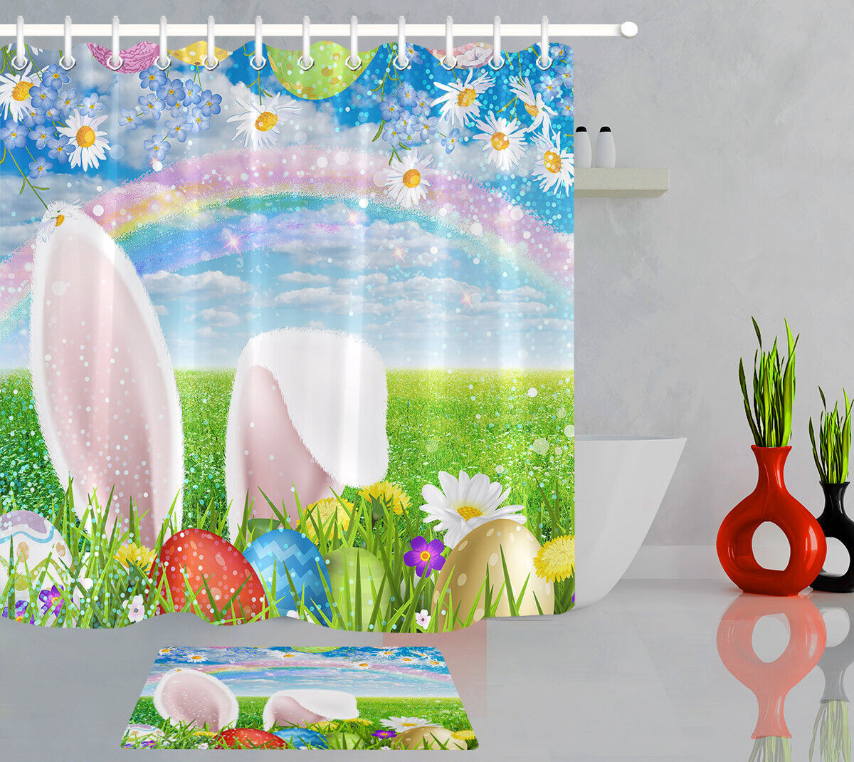 Easter Shower Curtain Set - Rainbow Bathroom Decor With Bunny And Eggs