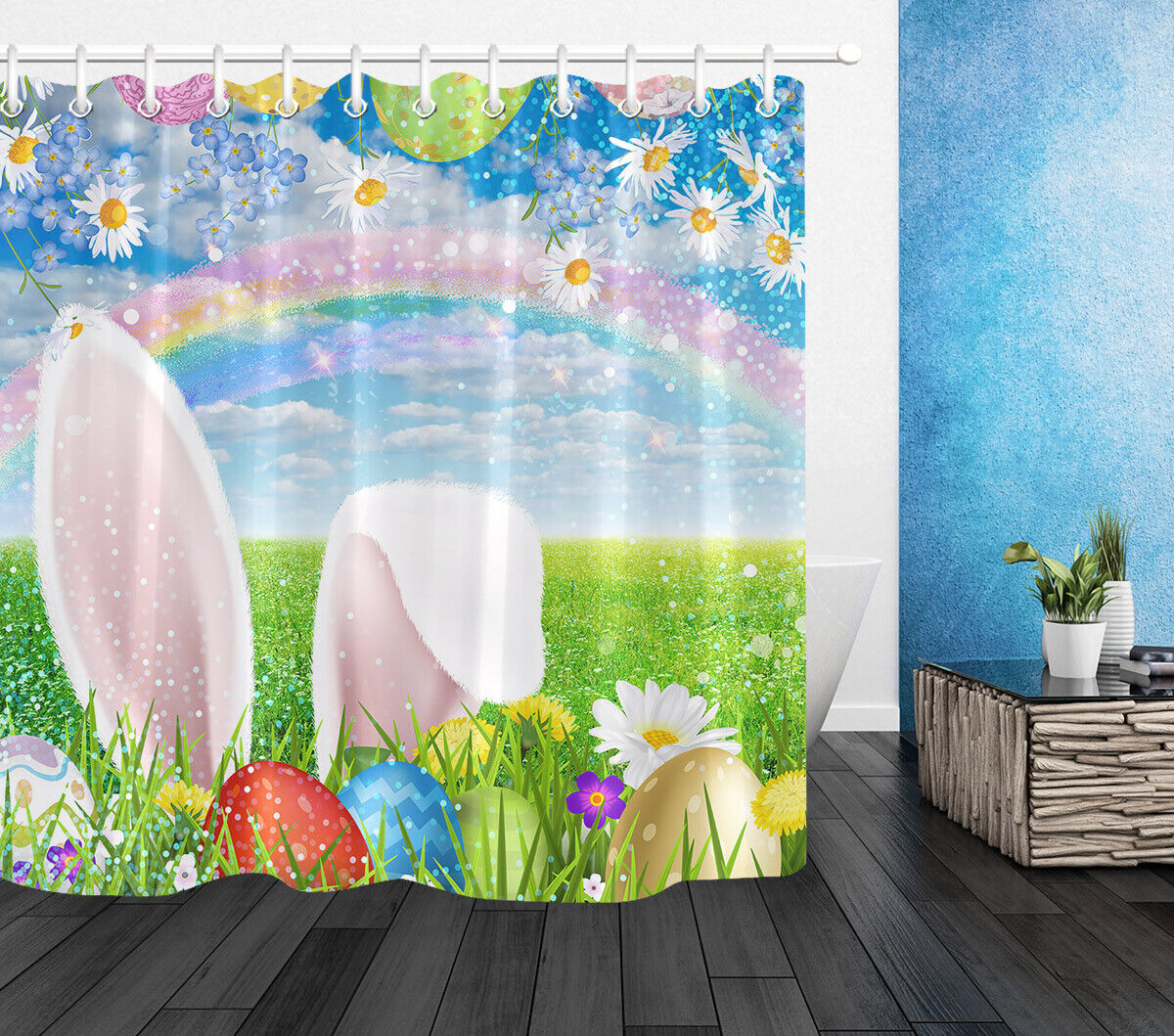 Easter Shower Curtain Set - Rainbow Bathroom Decor With Bunny And Eggs - Image 2