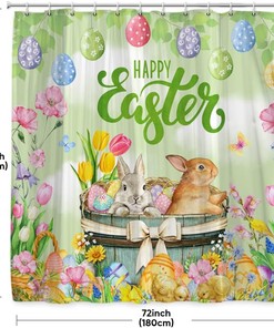 Easter Shower Curtain - Spring Bunny with Colorful Floral Flower Eggs, Watercolor Chick and Butterfly Design