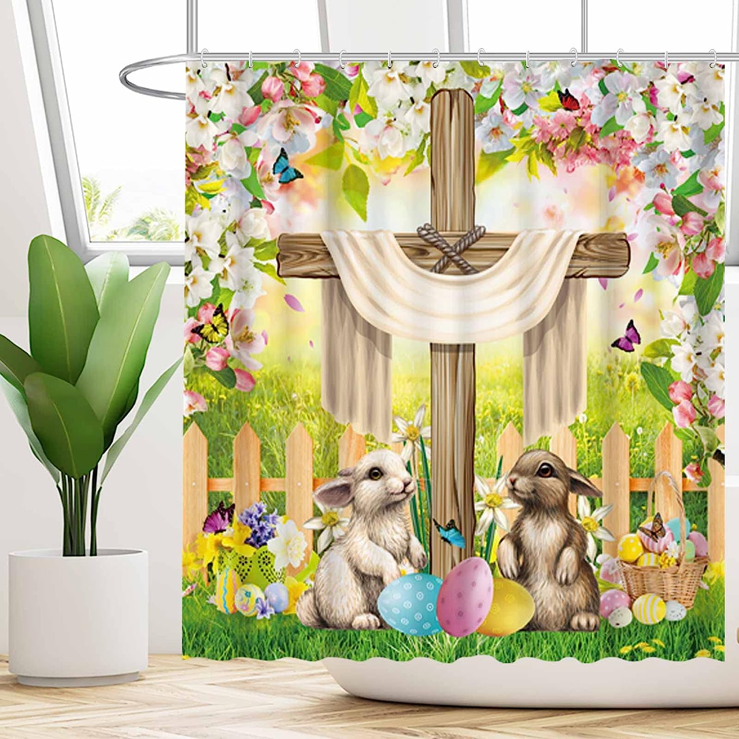 Easter Shower Curtain With A Religious Theme For A Meaningful Bathroom Decor