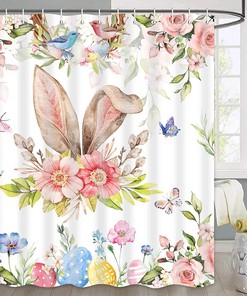 Easter Shower Curtain with Bunny Rabbit and Spring Butterflies, Floral Fabric for Bathroom Decor