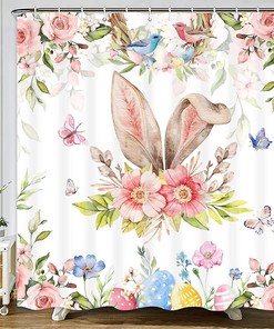 Easter Shower Curtain with Bunny Rabbit and Spring Butterflies, Floral Fabric for Bathroom Decor
