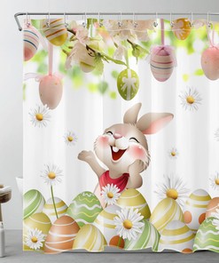 Easter Shower Curtain with Cute Rabbit and White Daisy for a Spring-Inspired Bathroom