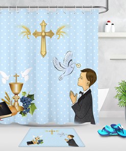 Easter Theme Holy Communication Prayer Boy Shower Set Curtain Bathroom Decoration for Festival Bathroom
