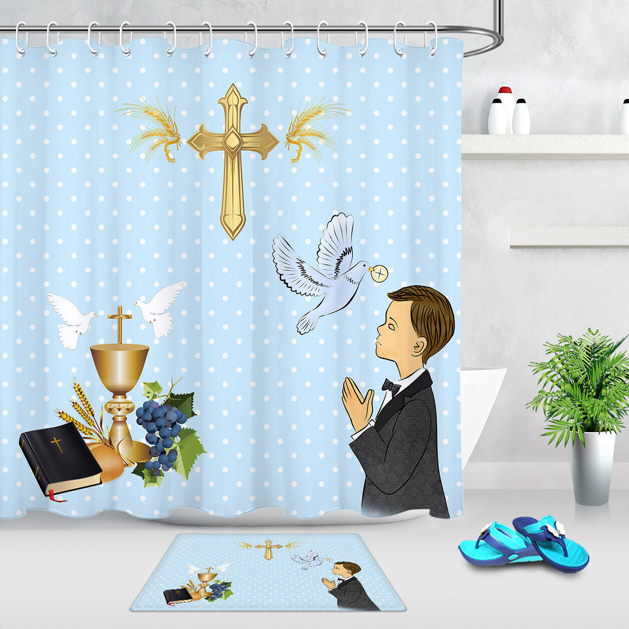 Easter Theme Holy Communication Prayer Boy Shower Set Curtain Bathroom Decoration for Festival Bathroom