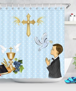 Easter Theme Holy Communication Prayer Boy Shower Set Curtain Bathroom Decoration for Festival Bathroom