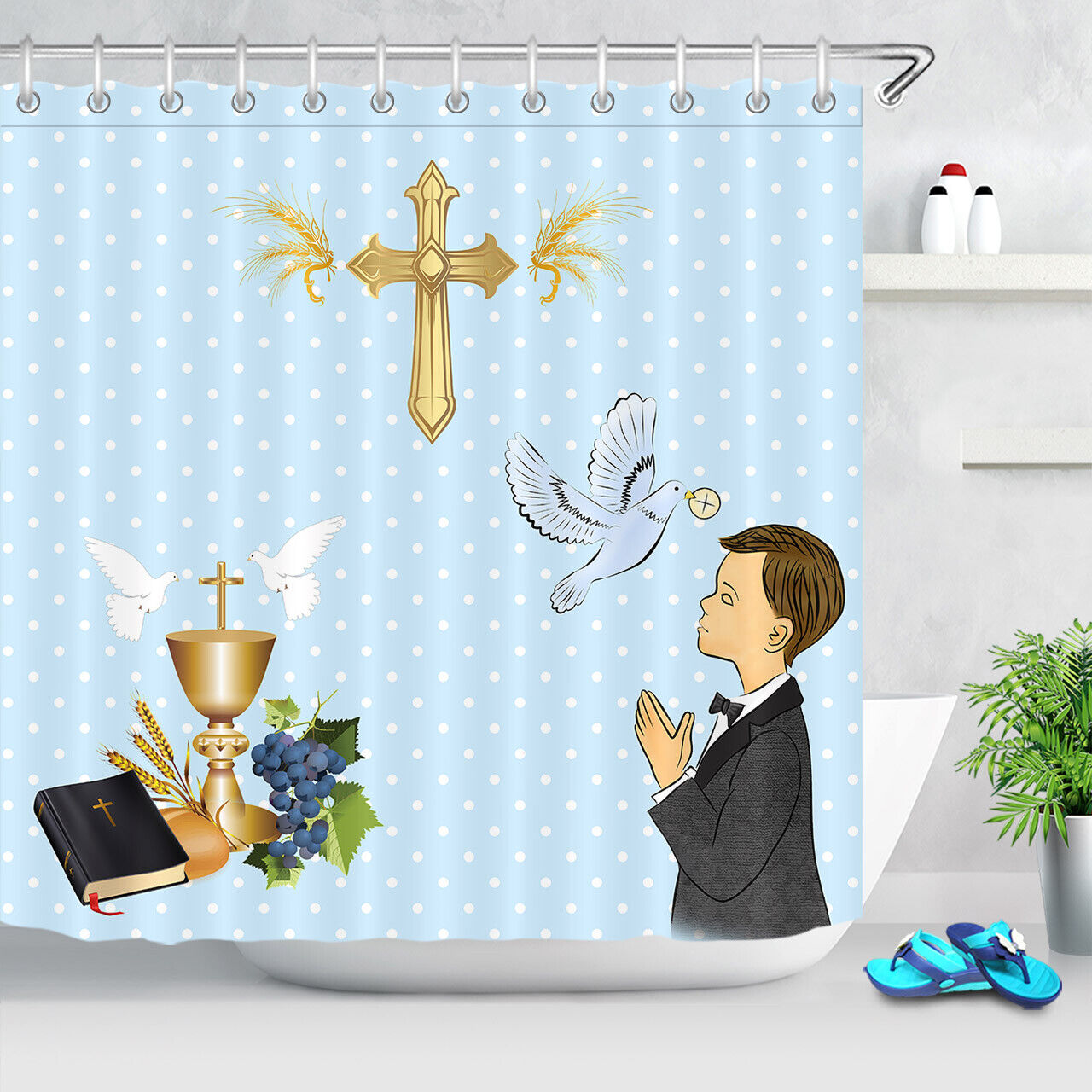 Easter Theme Holy Communication Prayer Boy Shower Set Curtain Bathroom Decoration for Festival Bathroom