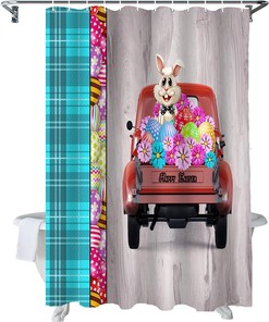 Easter Truck Bunny Shower Curtain Set for Spring Bathroom Dcor with Flowers and Wood Grain Pattern