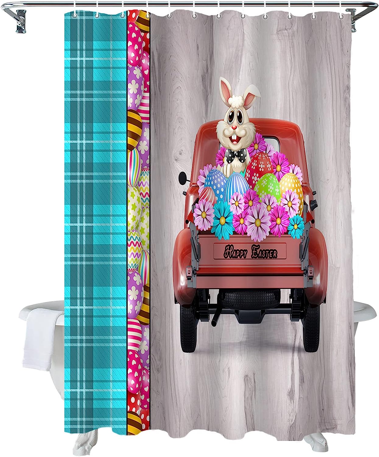 Easter Truck Bunny Shower Curtain Set for Spring Bathroom Dcor with Flowers and Wood Grain Pattern