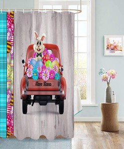 Easter Truck Bunny Shower Curtain Set for Spring Bathroom Dcor with Flowers and Wood Grain Pattern