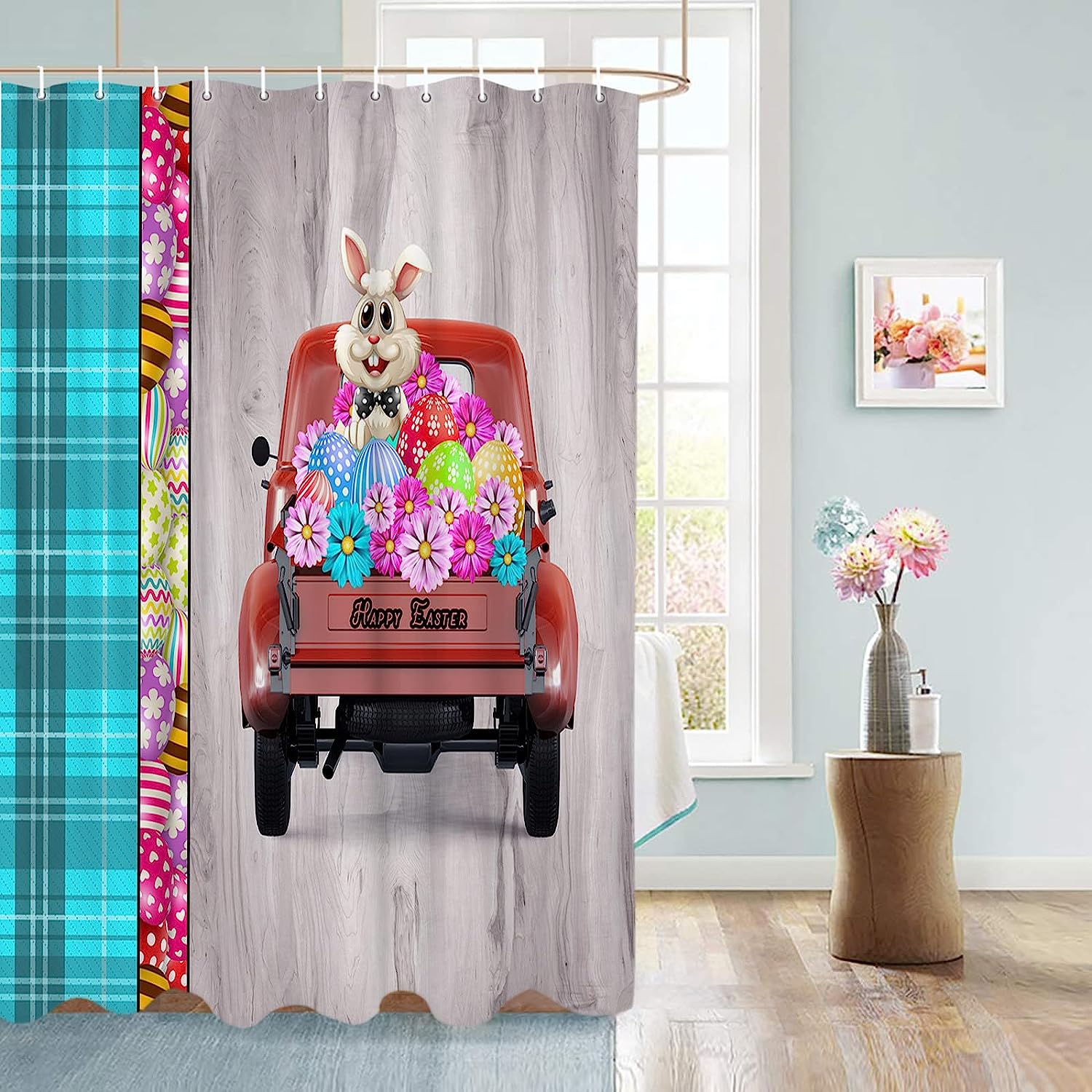 Easter Truck Bunny Shower Curtain Set for Spring Bathroom Dcor with Flowers and Wood Grain Pattern