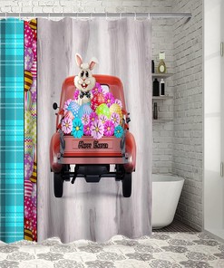 Easter Truck Bunny Shower Curtain Set for Spring Bathroom Dcor with Flowers and Wood Grain Pattern