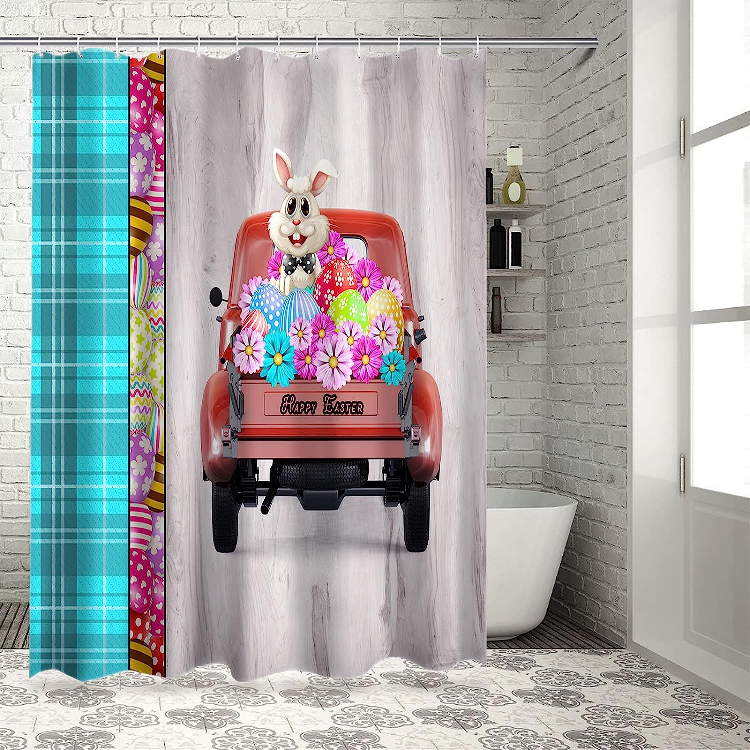 Easter Truck Bunny Shower Curtain Set for Spring Bathroom Dcor with Flowers and Wood Grain Pattern