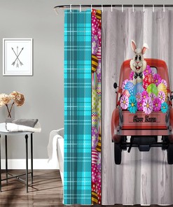 Easter Truck Bunny Shower Curtain Set for Spring Bathroom Dcor with Flowers and Wood Grain Pattern