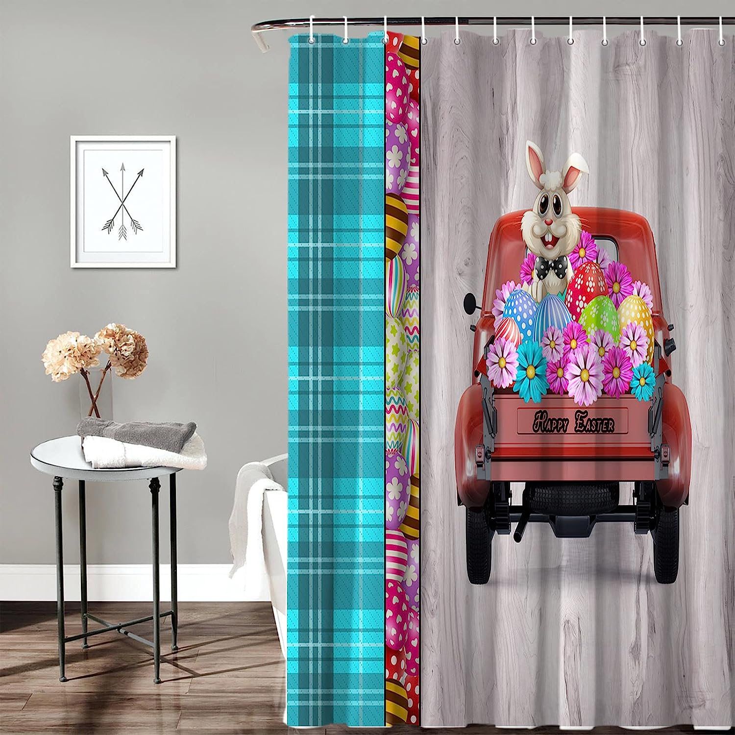 Easter Truck Bunny Shower Curtain Set for Spring Bathroom Dcor with Flowers and Wood Grain Pattern