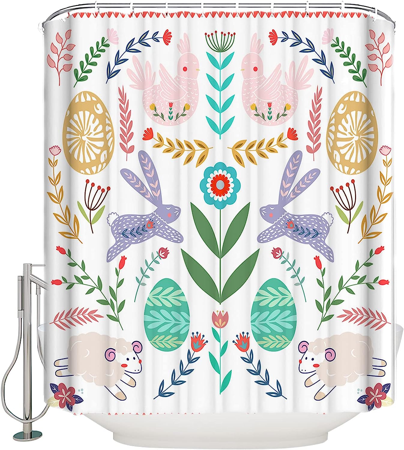 Easter Watercolor Botanical Bunny And Eggs Shower Curtain For Bathroom Decor