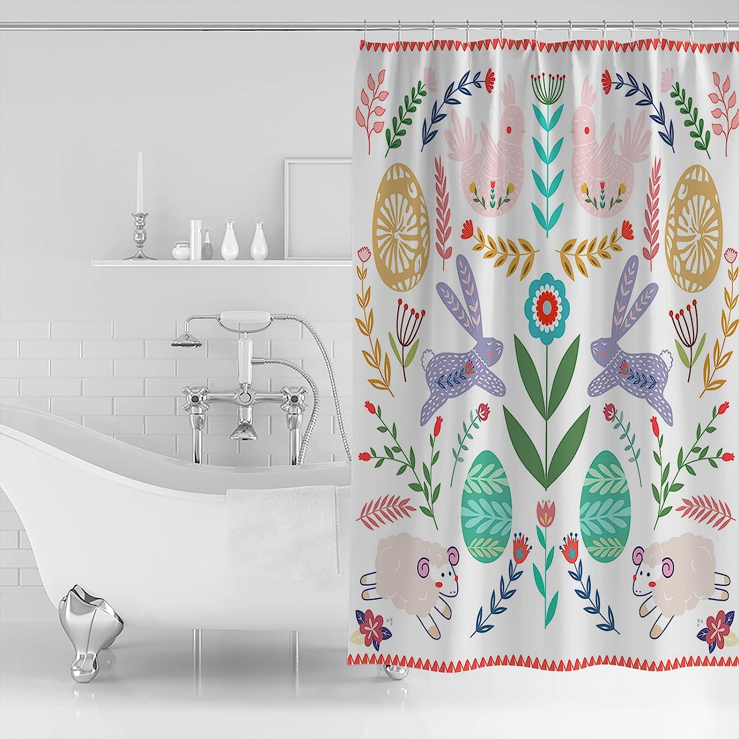 Easter Watercolor Botanical Bunny And Eggs Shower Curtain For Bathroom Decor