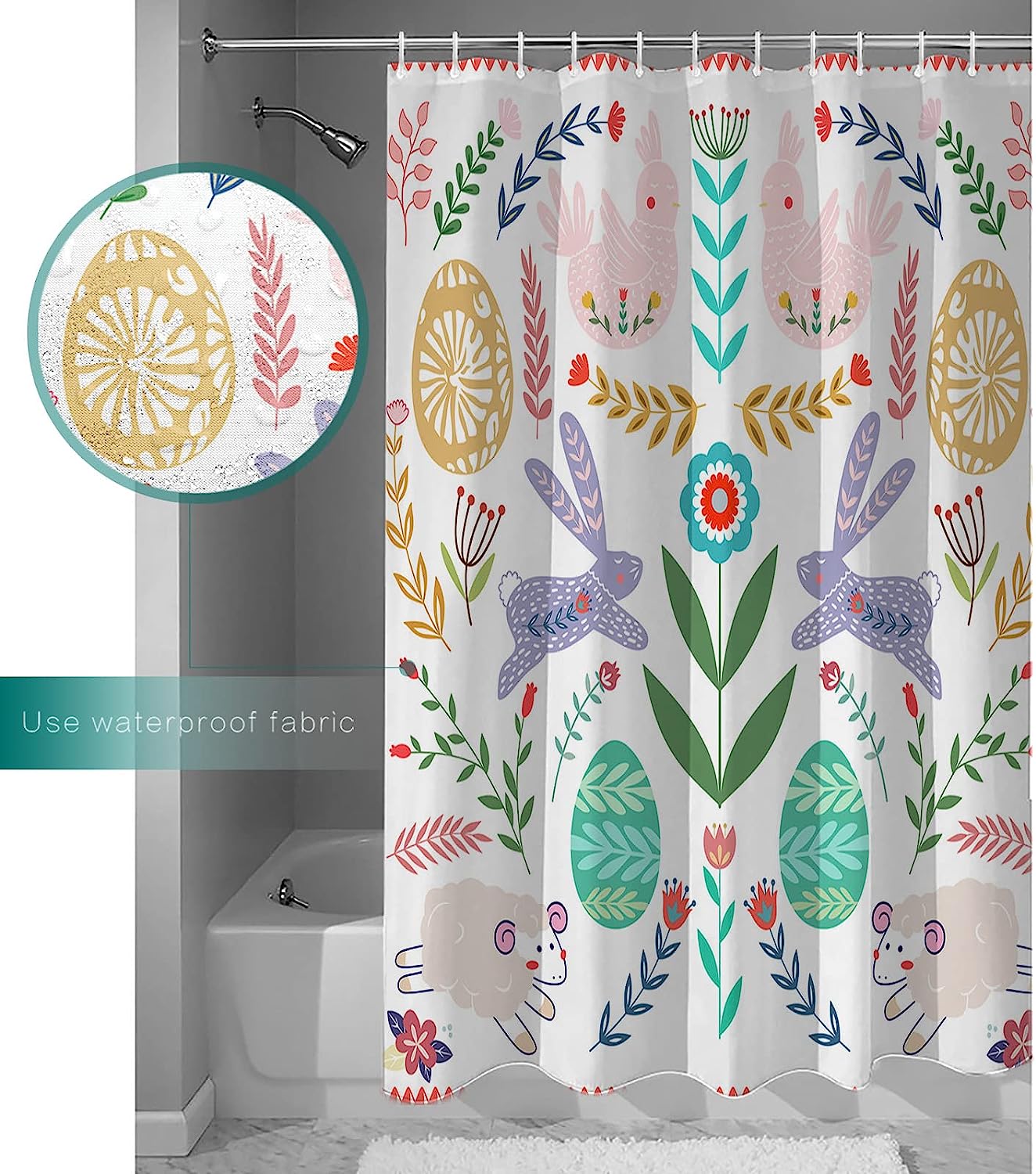 Easter Watercolor Botanical Bunny And Eggs Shower Curtain For Bathroom Decor