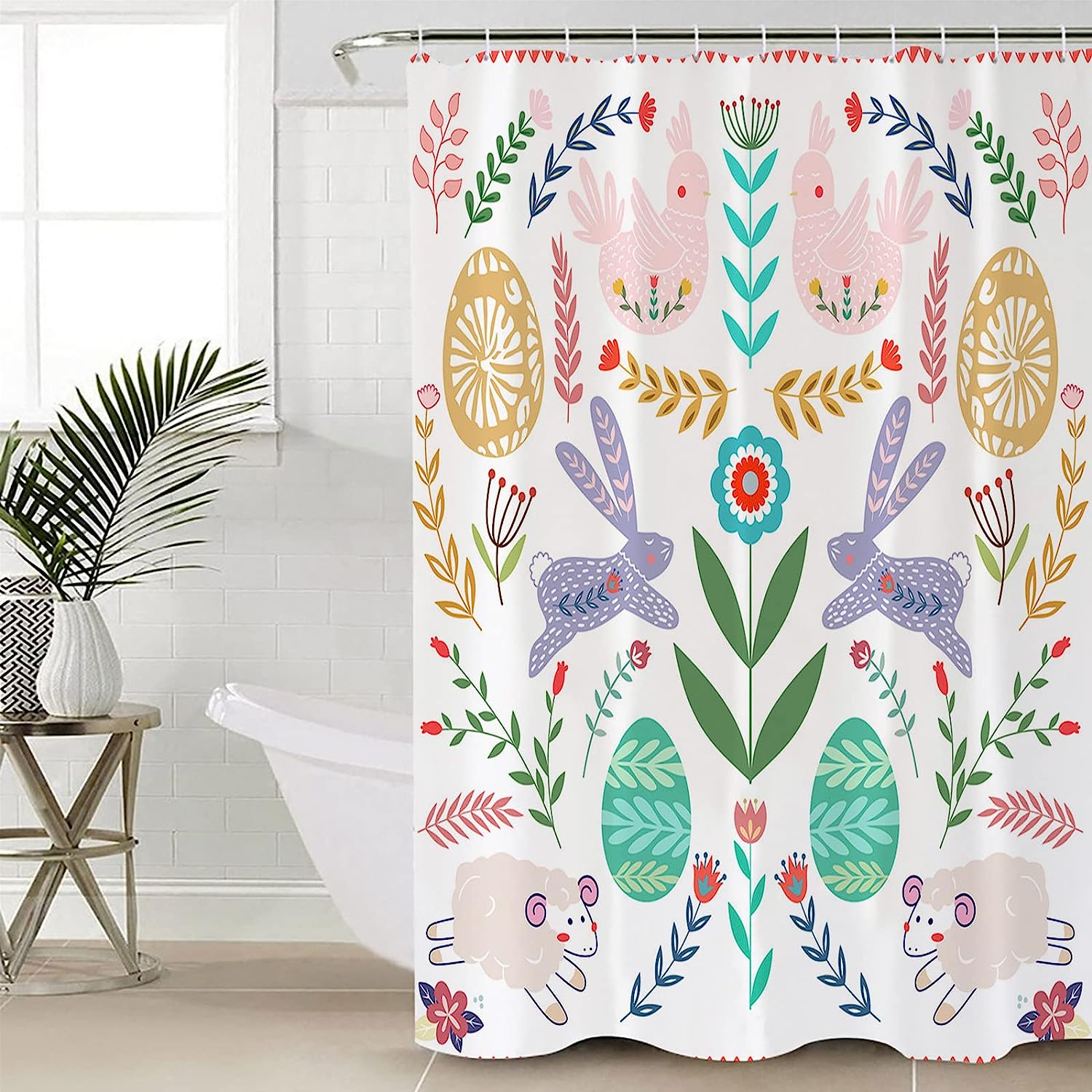 Easter Watercolor Botanical Bunny And Eggs Shower Curtain For Bathroom Decor