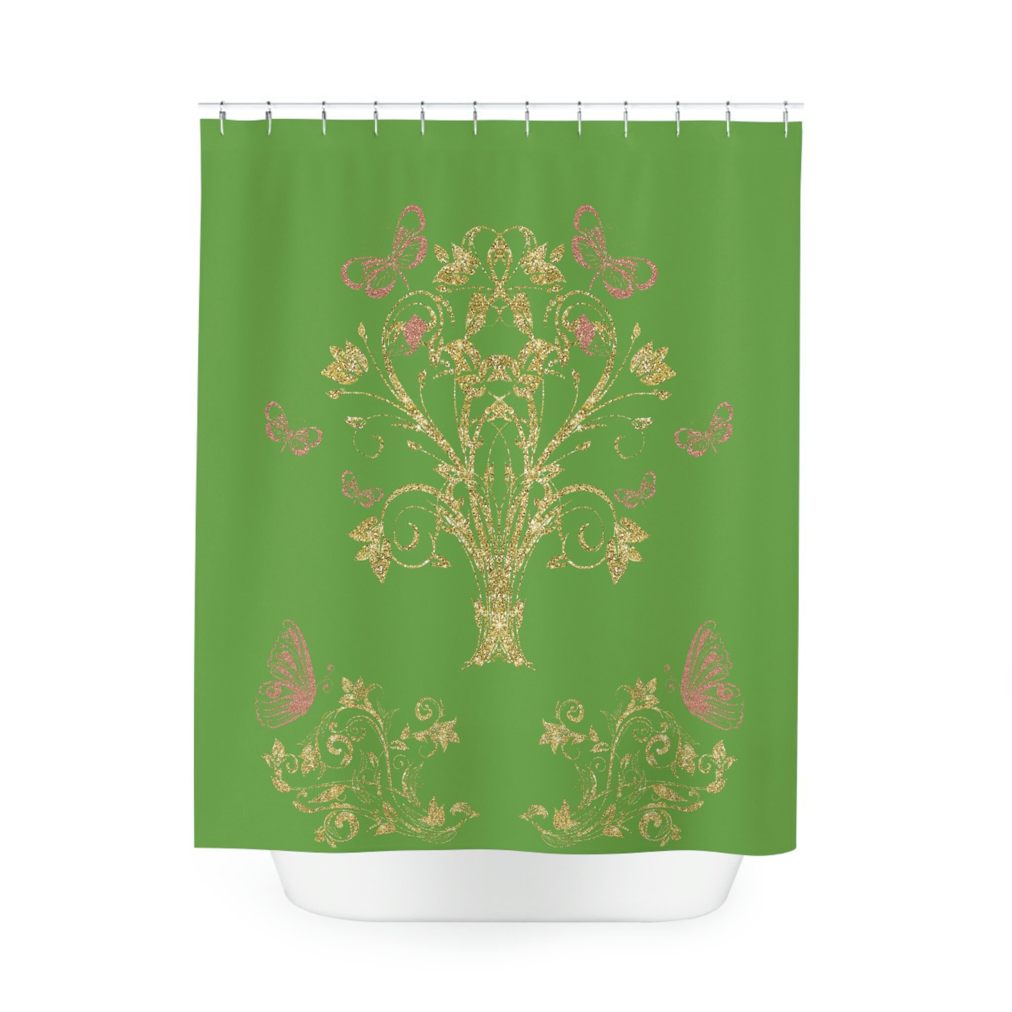 Eco-Friendly Butterfly Tree On Green Background Shower Curtain For A Natural Bath