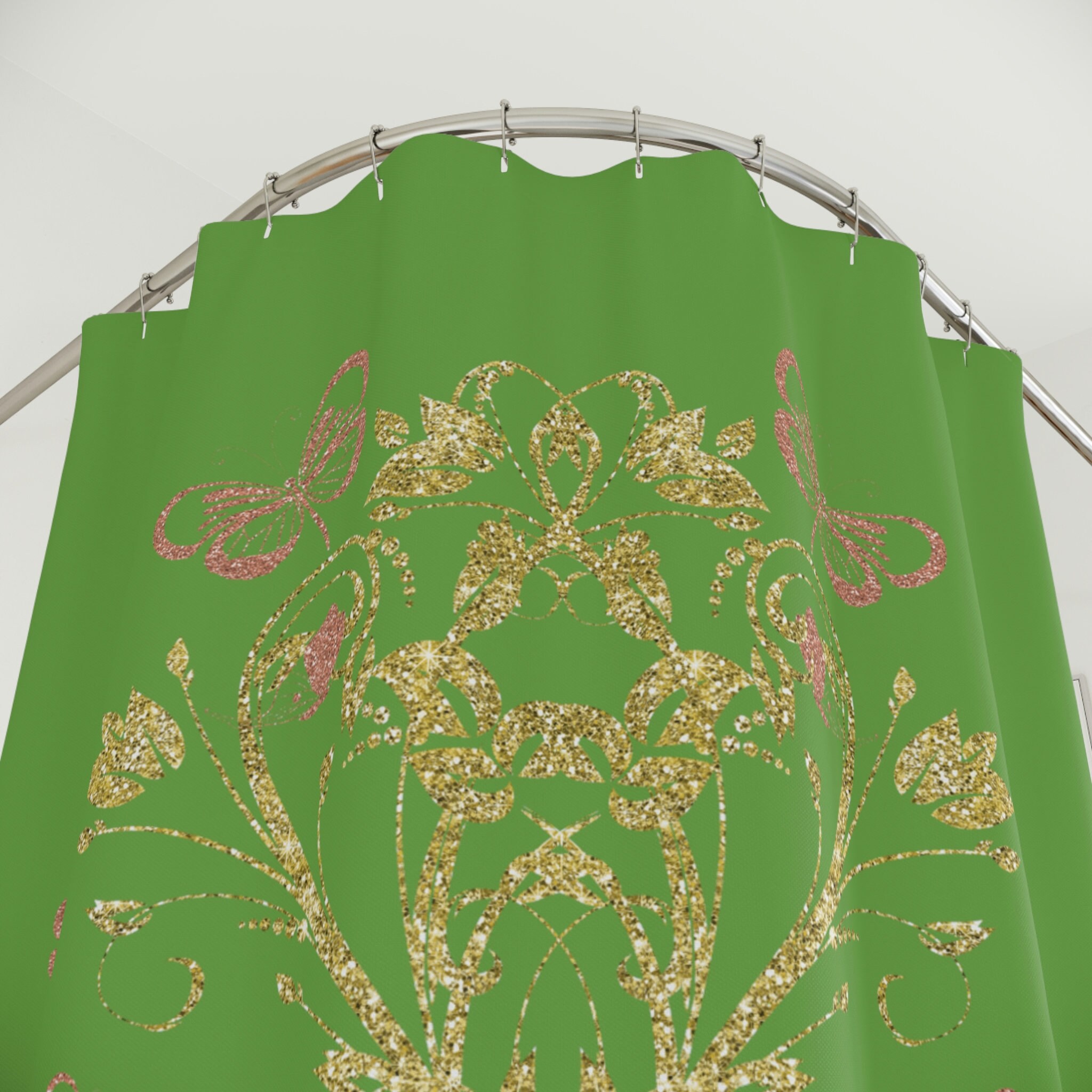 Eco-Friendly Butterfly Tree On Green Background Shower Curtain For A Natural Bath - Image 2