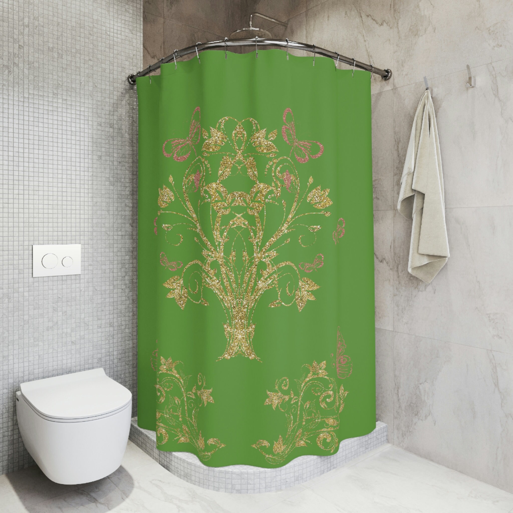 Eco-Friendly Butterfly Tree On Green Background Shower Curtain For A Natural Bath - Image 3
