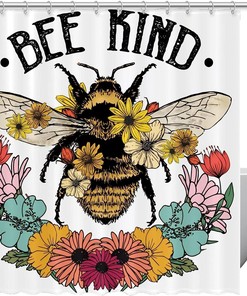 Eco-Friendly Wildflower Shower Curtain with Cute Bee Kind Quote, 72x72 - Shower Curtains Colorful
