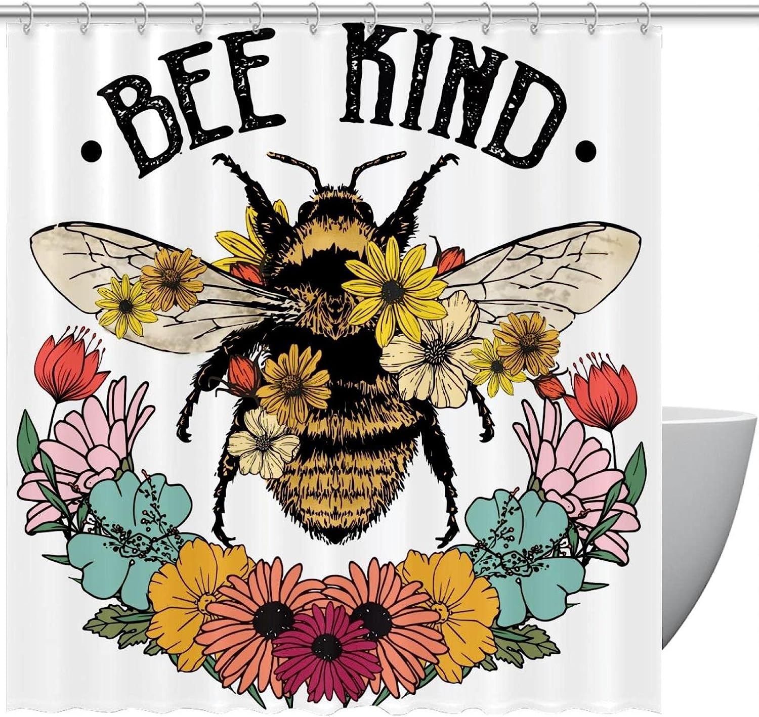 Eco-Friendly Wildflower Shower Curtain with Cute Bee Kind Quote, 72x72 - Shower Curtains Colorful