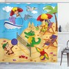 Ecru Sky Blue Animal Shower Curtain, Cartoon Animals Playing On Beach Monkey Hippo Dolphin Summer Illustration