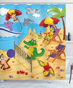 Ecru Sky Blue Animal Shower Curtain, Cartoon Animals Playing On Beach Monkey Hippo Dolphin Summer Illustration