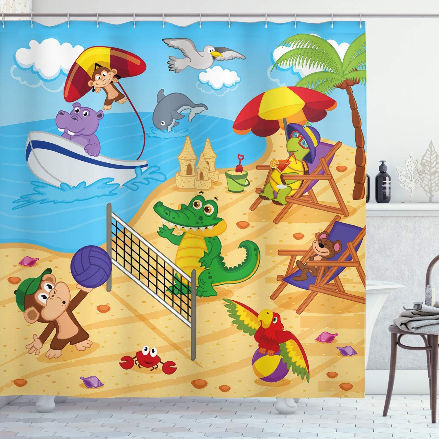 Ecru Sky Blue Animal Shower Curtain, Cartoon Animals Playing On Beach Monkey Hippo Dolphin Summer Illustration