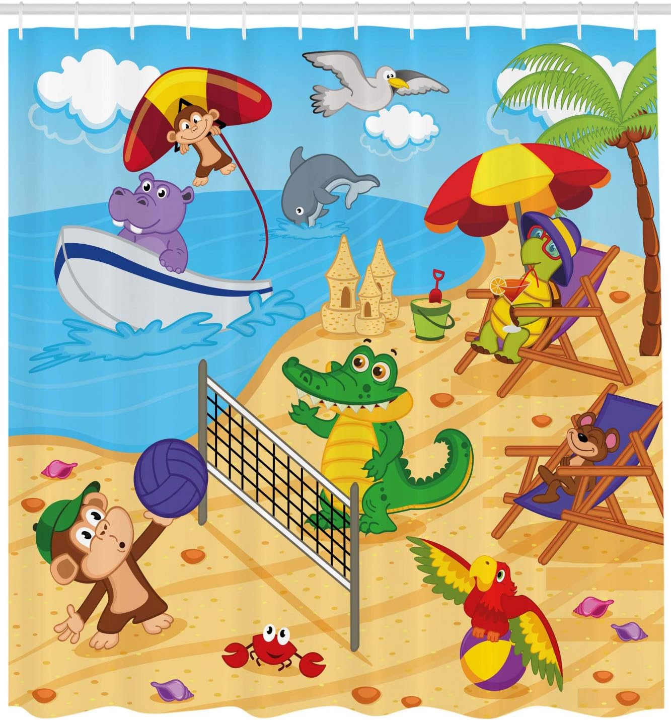 Ecru Sky Blue Animal Shower Curtain, Cartoon Animals Playing On Beach Monkey Hippo Dolphin Summer Illustration - Image 2