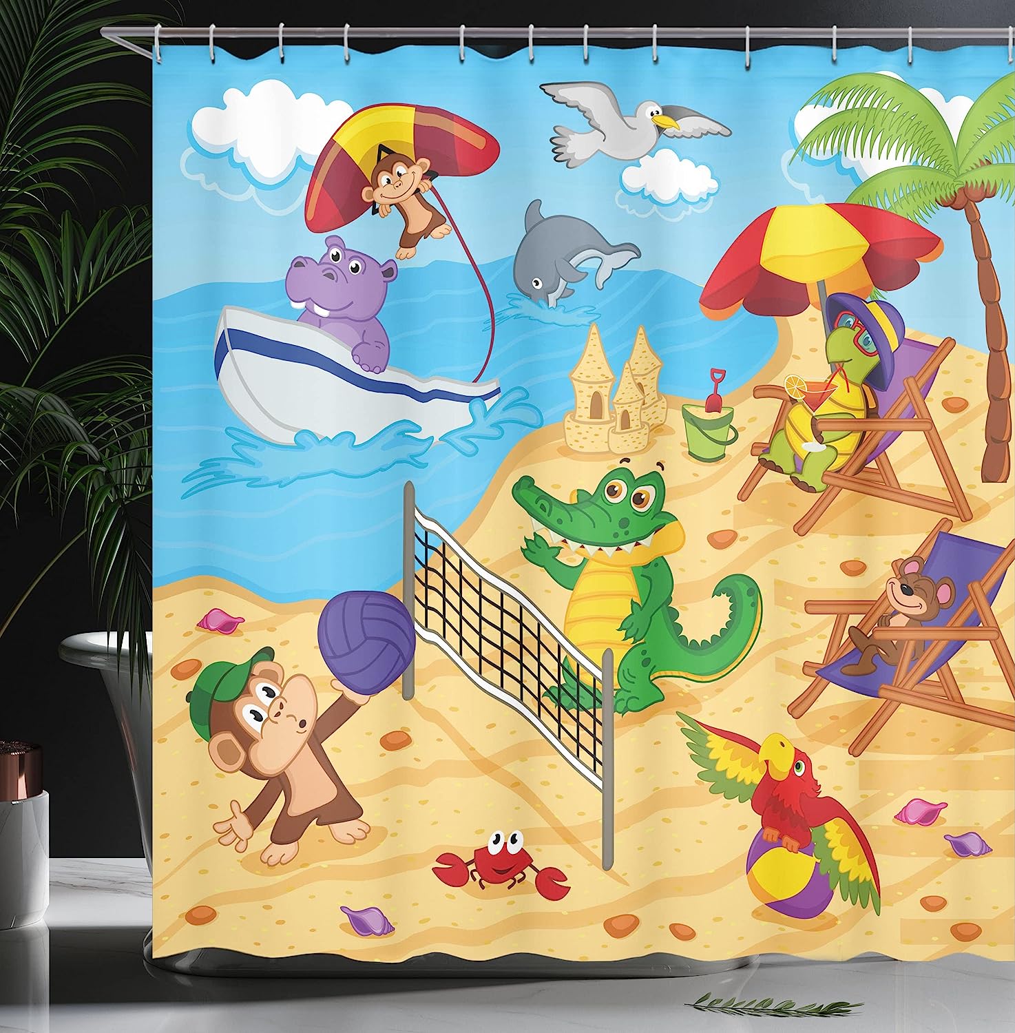 Ecru Sky Blue Animal Shower Curtain, Cartoon Animals Playing On Beach Monkey Hippo Dolphin Summer Illustration - Image 3