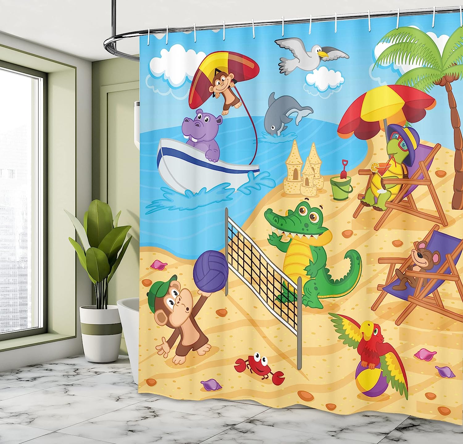 Ecru Sky Blue Animal Shower Curtain, Cartoon Animals Playing On Beach Monkey Hippo Dolphin Summer Illustration - Image 4