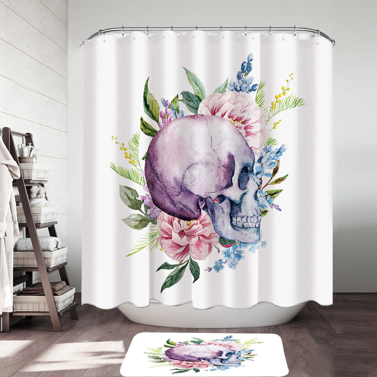 Edgy And Pretty Floral Human Skull Shower Curtain For A Unique Bathroom