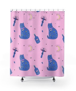 Edgy Boho Cat Shower Curtain Evil Eye Moon Mushrooms Bathroom Decor