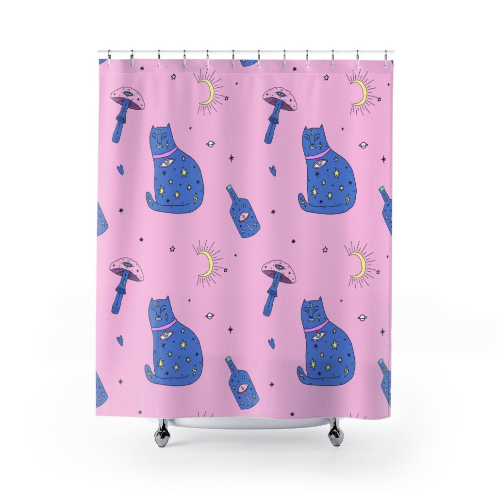 Edgy Boho Cat Shower Curtain Evil Eye Moon Mushrooms Bathroom Decor