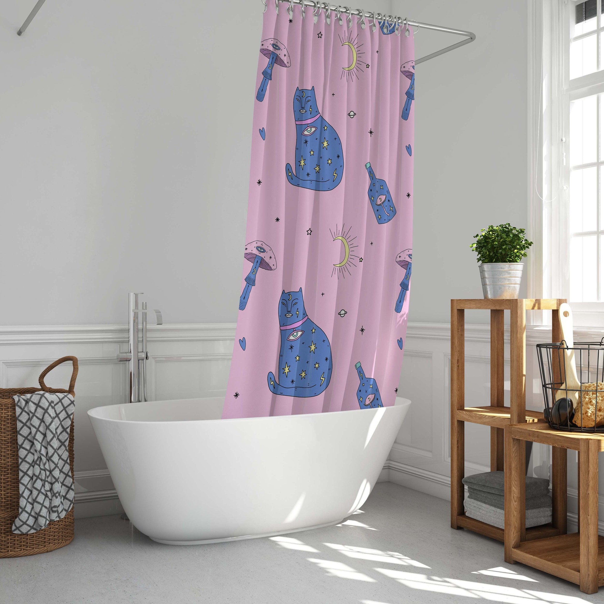 Edgy Boho Cat Shower Curtain Evil Eye Moon Mushrooms Bathroom Decor