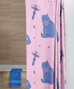 Edgy Boho Cat Shower Curtain Evil Eye Moon Mushrooms Bathroom Decor